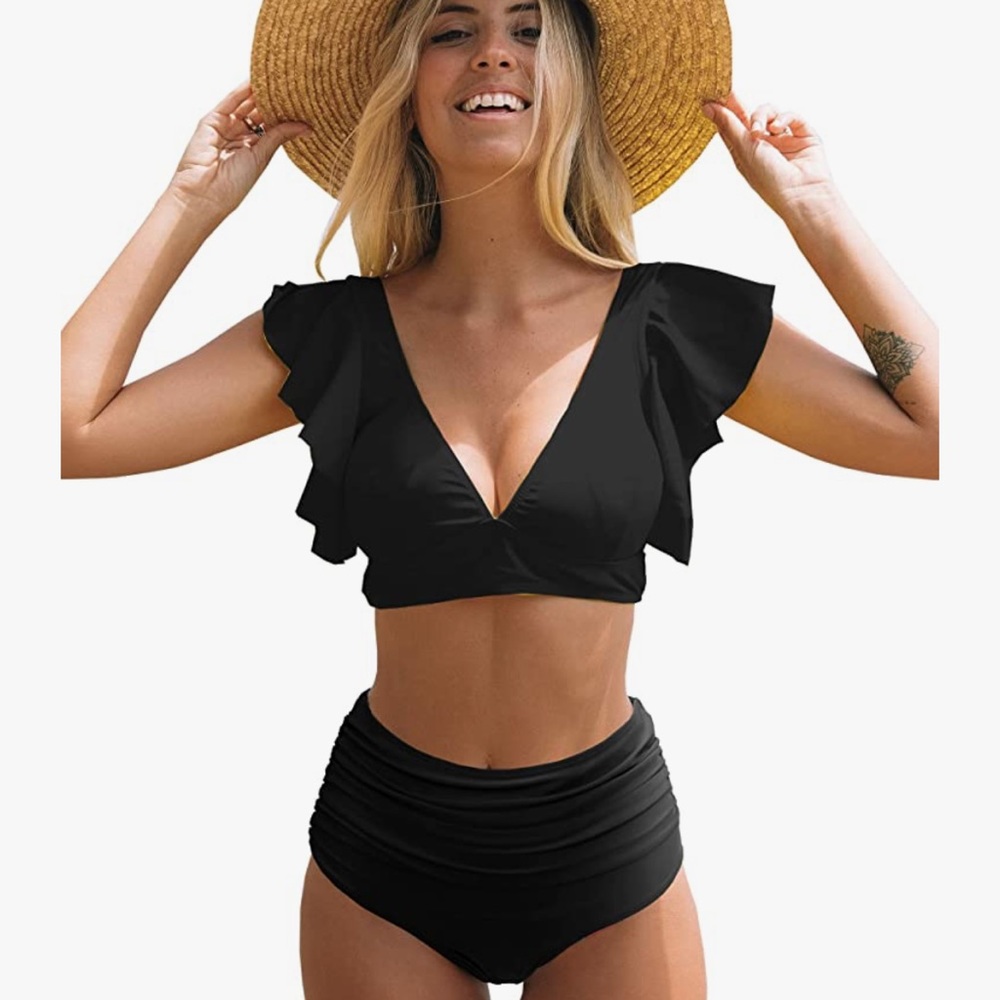 SPORLIKE Ruffle 2 Piece High Waisted Swim Suit Black Ruched Tummy Flattering